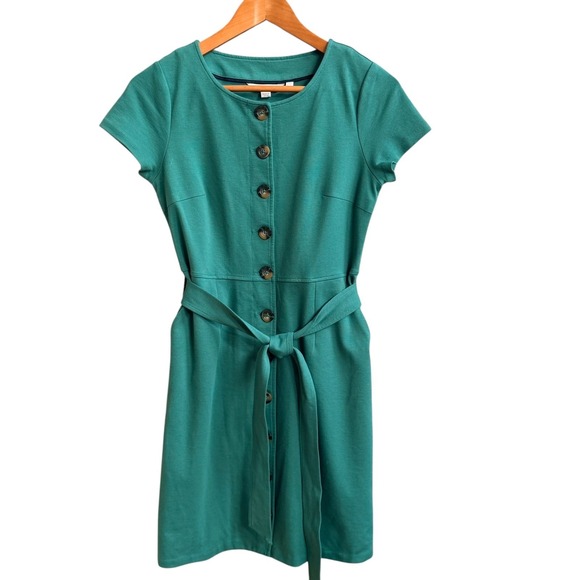 Boden Beatrice Ponte Shift Dress Green Short Sleeve Button Front Belted 4P - Picture 2 of 9